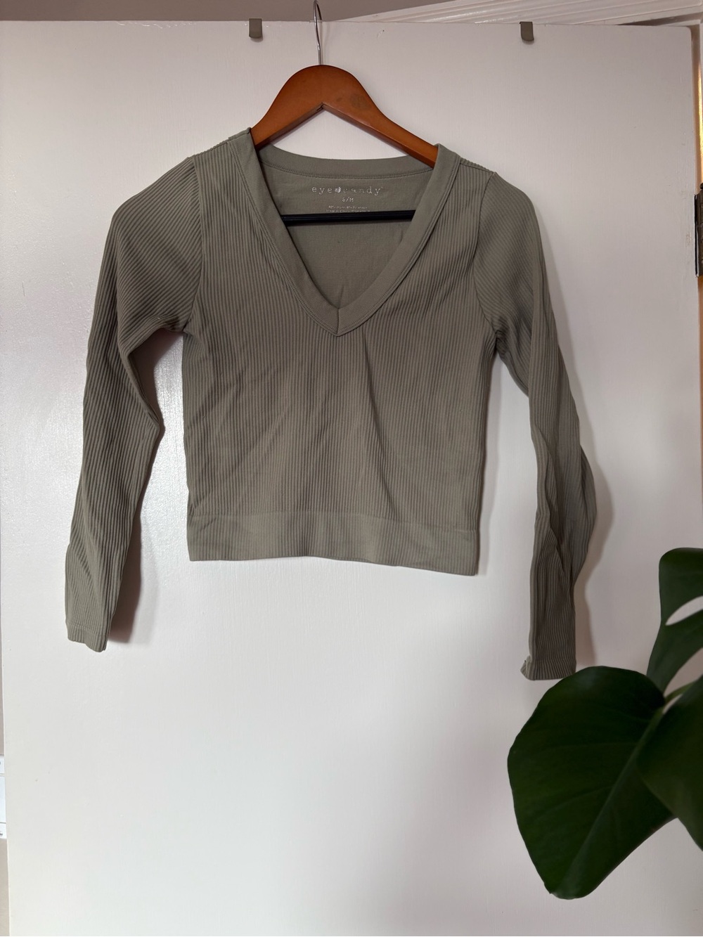 eye candy Ribbed V-Neck Long Sleeve Top in Sage
